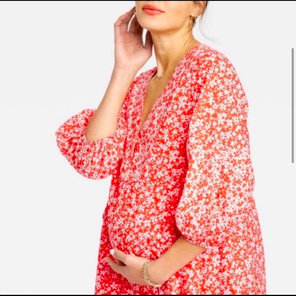 The Nines by Hatch Floral Print 3/4 Sleeve Button Down Poplin Maternity Dress